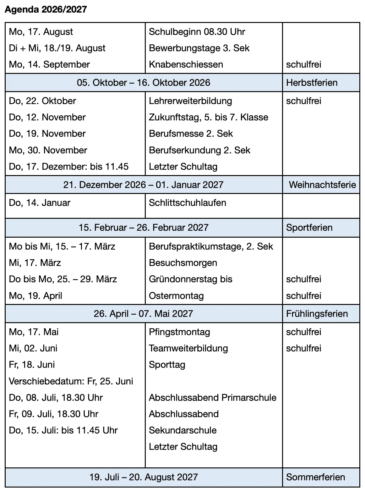 Agenda Schuljahr 2026/27 der Freien Privatschule Zürich